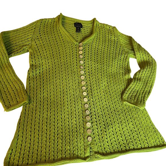 Pure Handknit Women's Canadian Loose Knit Cotton Green Sweater Cardigan M - Picture 1 of 11